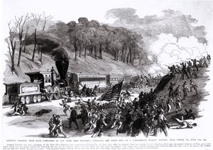 Generaal Schenck met Vier Compagnieën van het Eerste Ohio Regiment, Verrast en Beschoten door een Geconfedereerde Gemaskerde Batterij, nabij Wenen, VA., 17 juni 1861, uit 